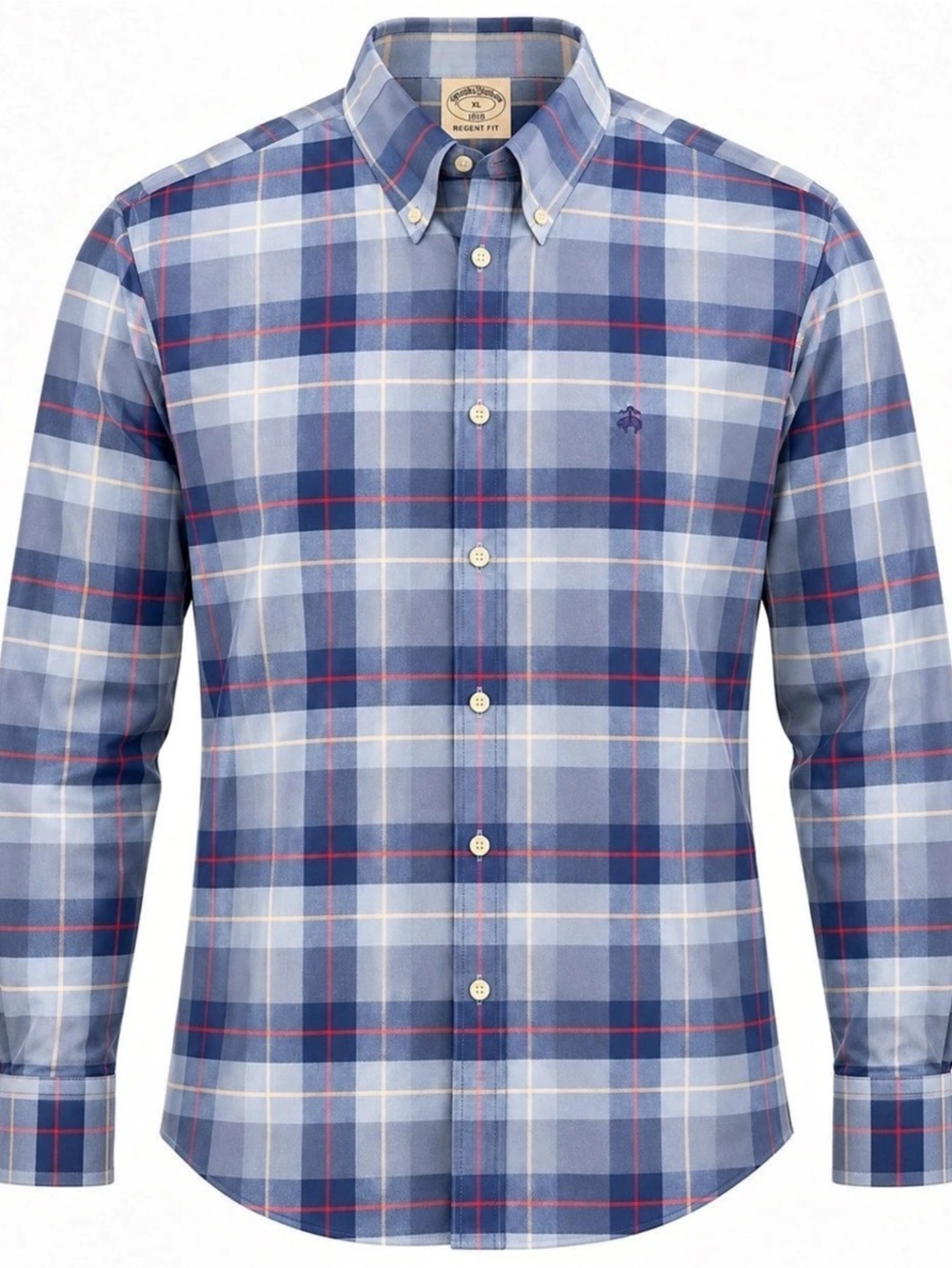 Brooks Brothers 1818 Regent Fit XL Light Blue Navy Red Cream Plaid Shirt